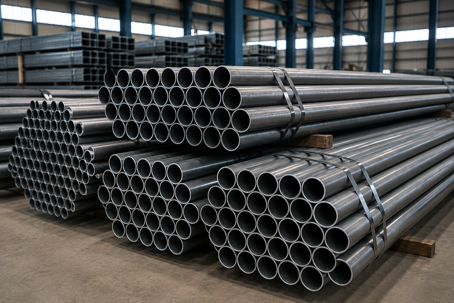 Steel pipes bundled in warehouse